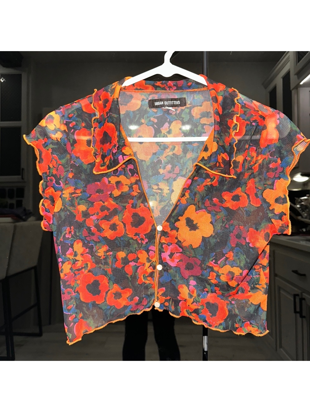 Urban Outfitters Floral Mesh Top Women’s L Sheer Y2K Boho Ruffle Trim Button top